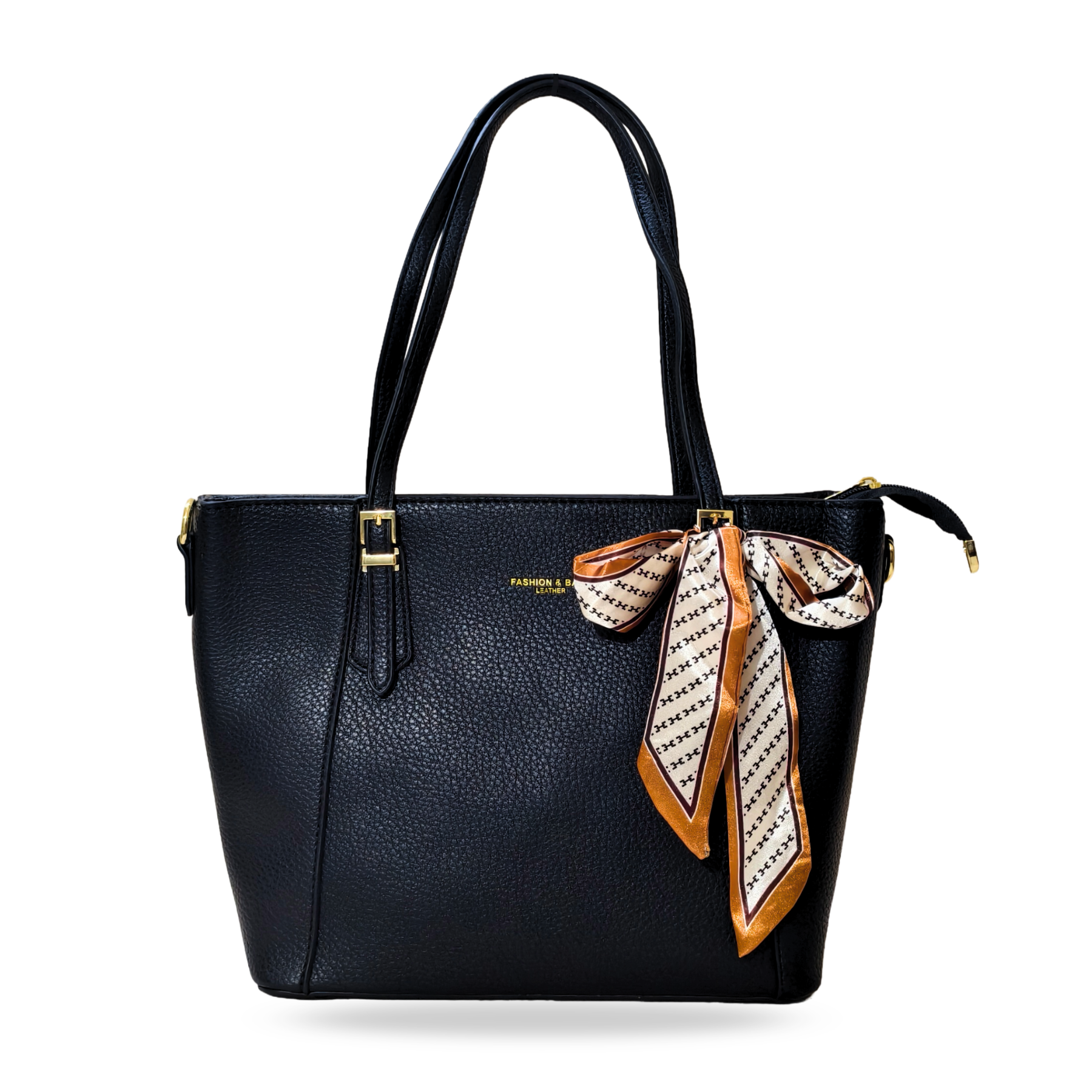 Black handbag with a decorative ribbon on a white background