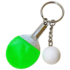 Sporty Table tennis Keyring Attached with silver chain and ring along with white ball on Plain white background.