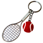 A novelty keychain featuring a silver metal tennis racket and a red felt tennis ball charm with white lines, attached to a silver split ring on a plain white background.