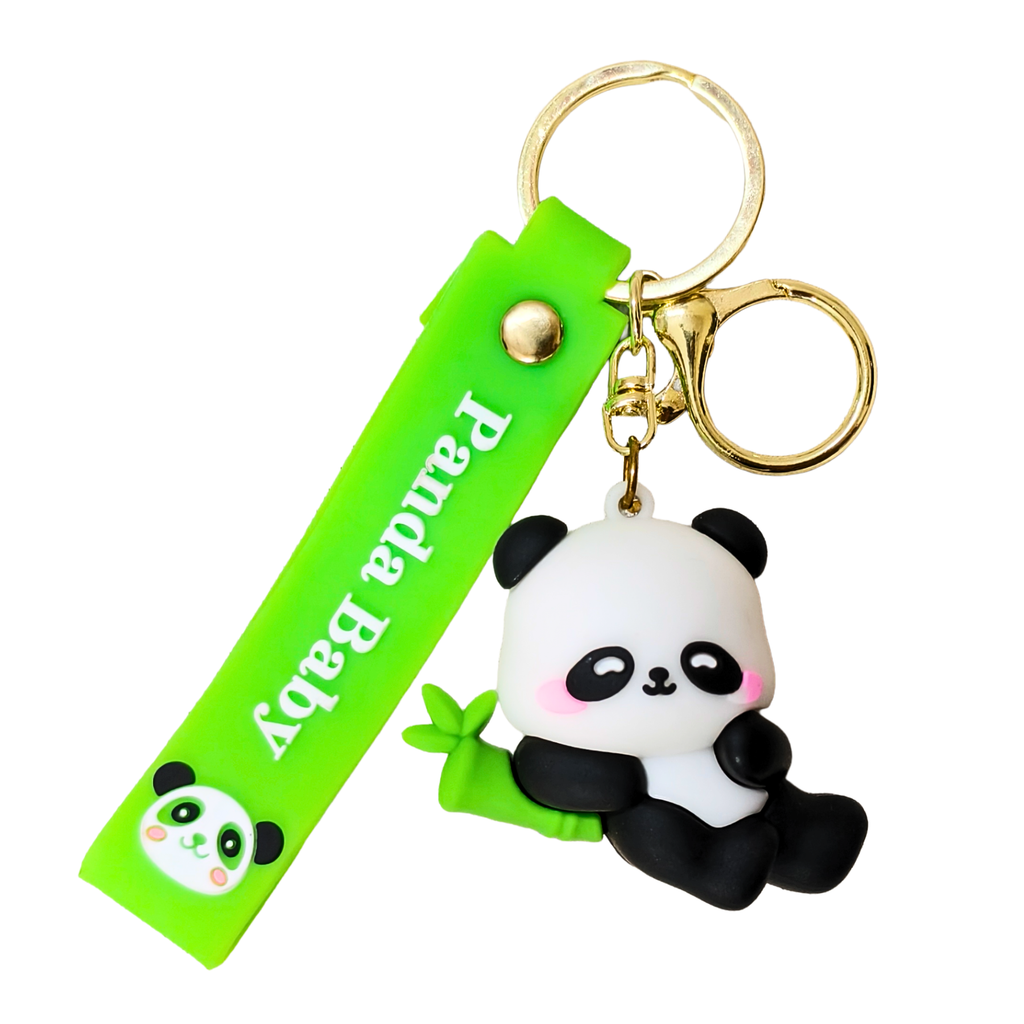 Panda keychain with a green strap labeled 'Panda Baby' on a white background