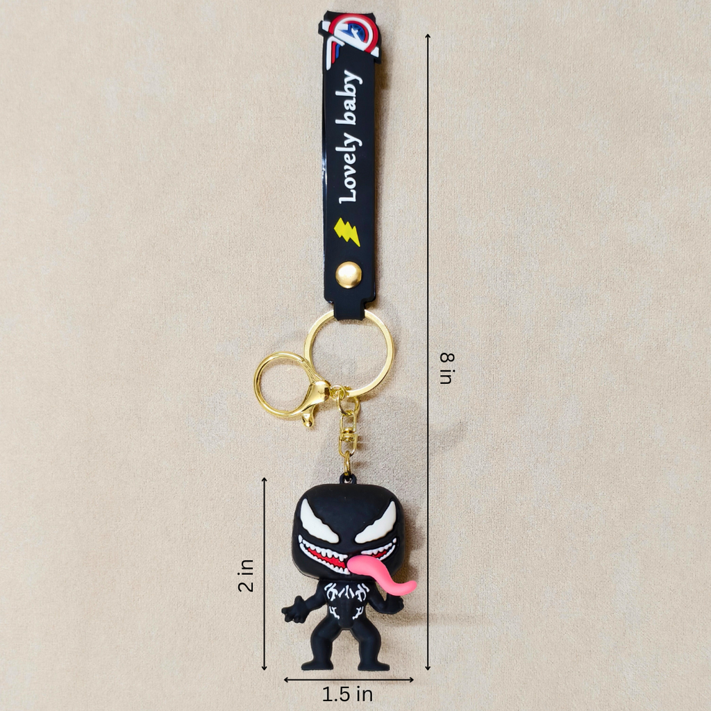 Keychain with a character design and measurement details on a beige background