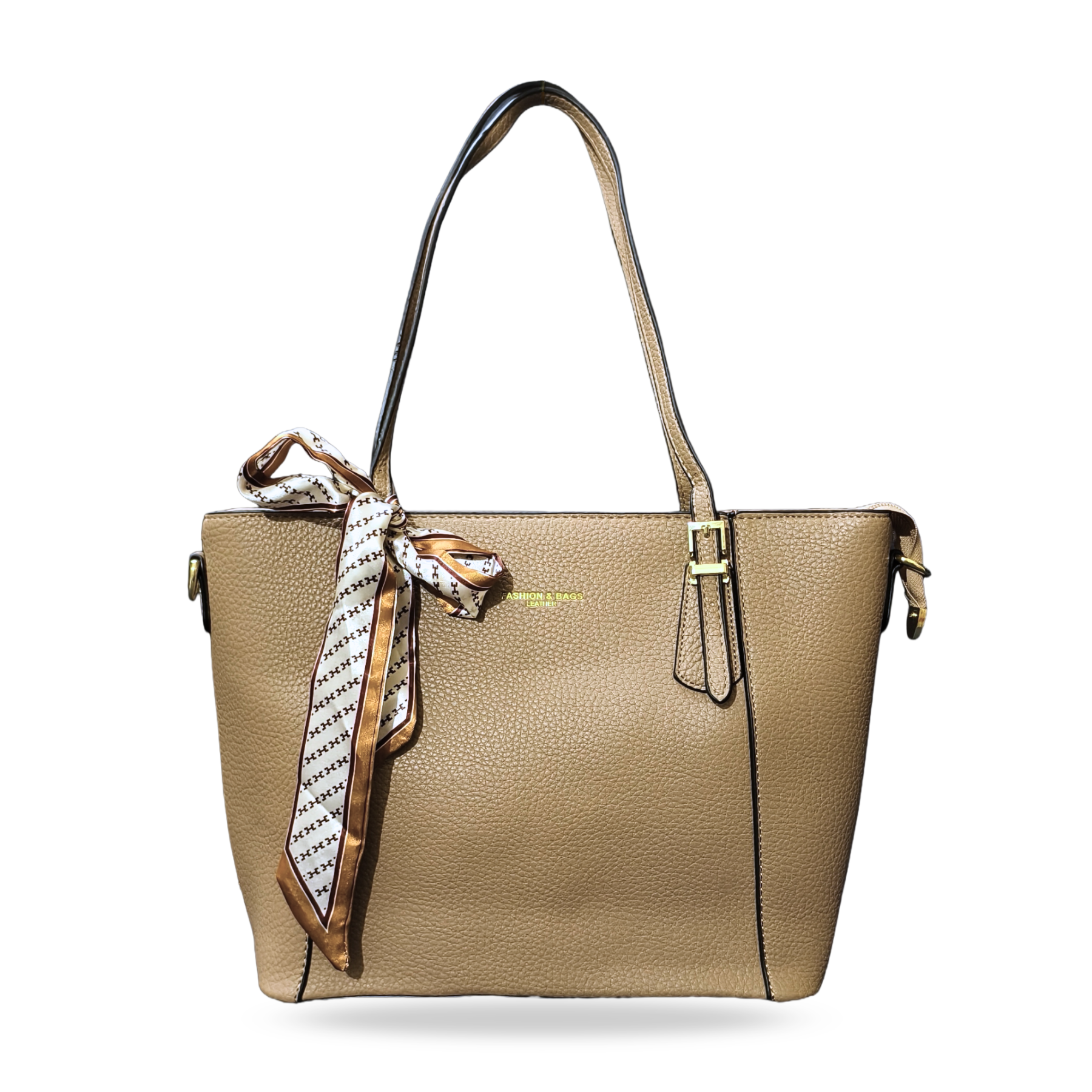 Beige handbag with a matching scarf on a white background
