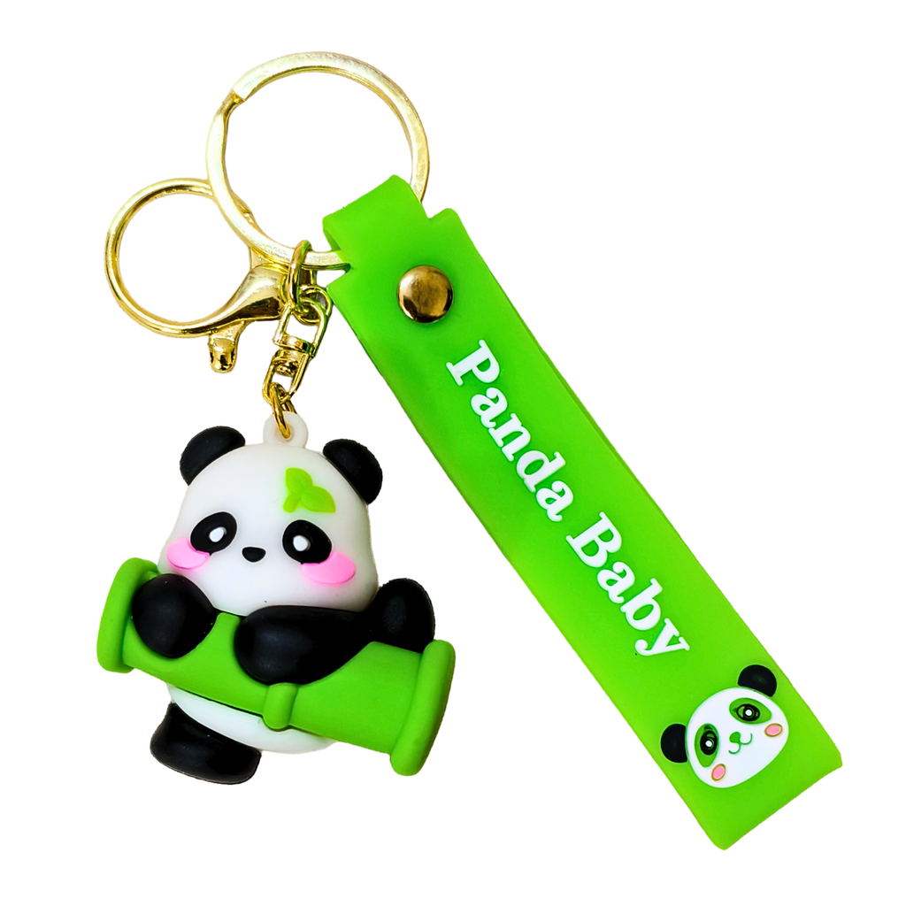 Keychain with panda design and green strap labeled 'Panda Baby' on a white background