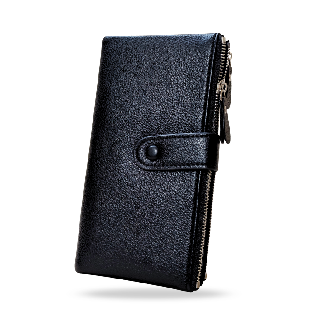 Black leather wallet with a zipper on a white background