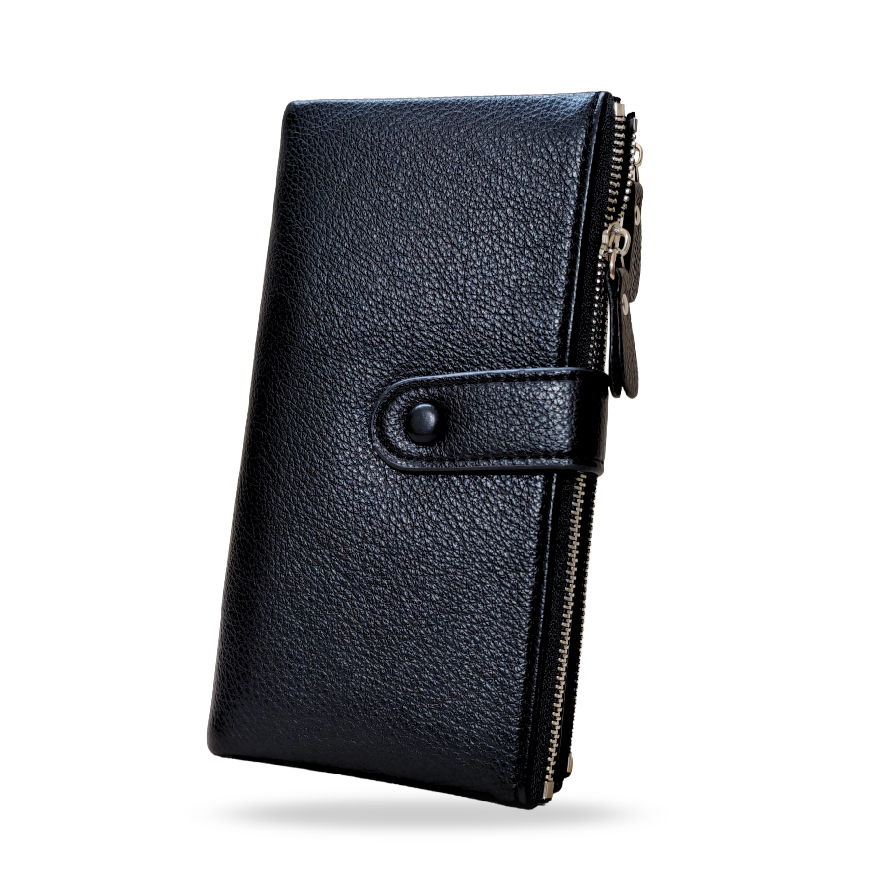 Black leather wallet with a zipper on a white background