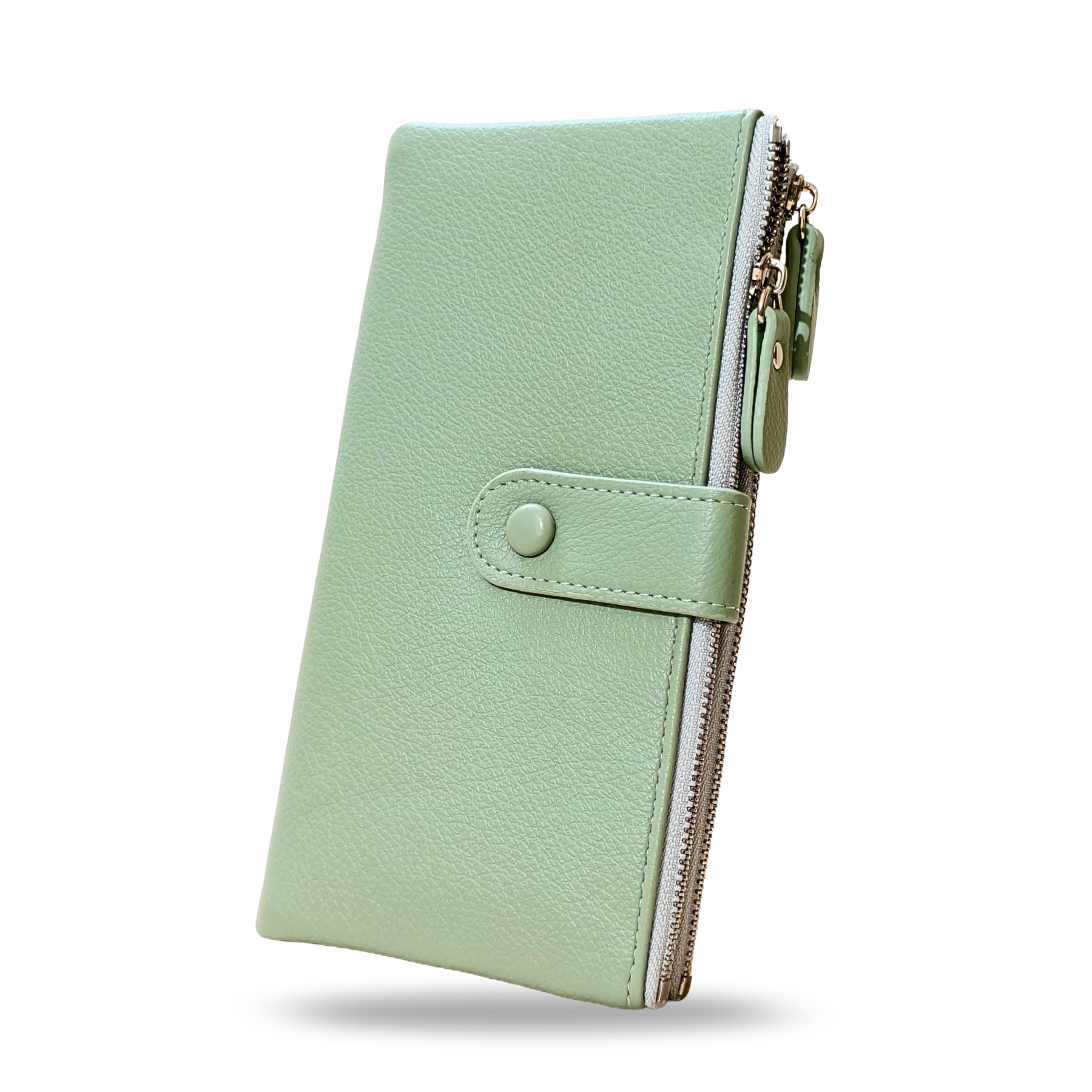 Light green wallet with a zipper on a white background