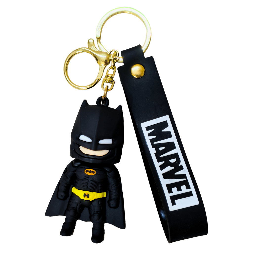 Keychain with Batman figure and Marvel logo on a white background
