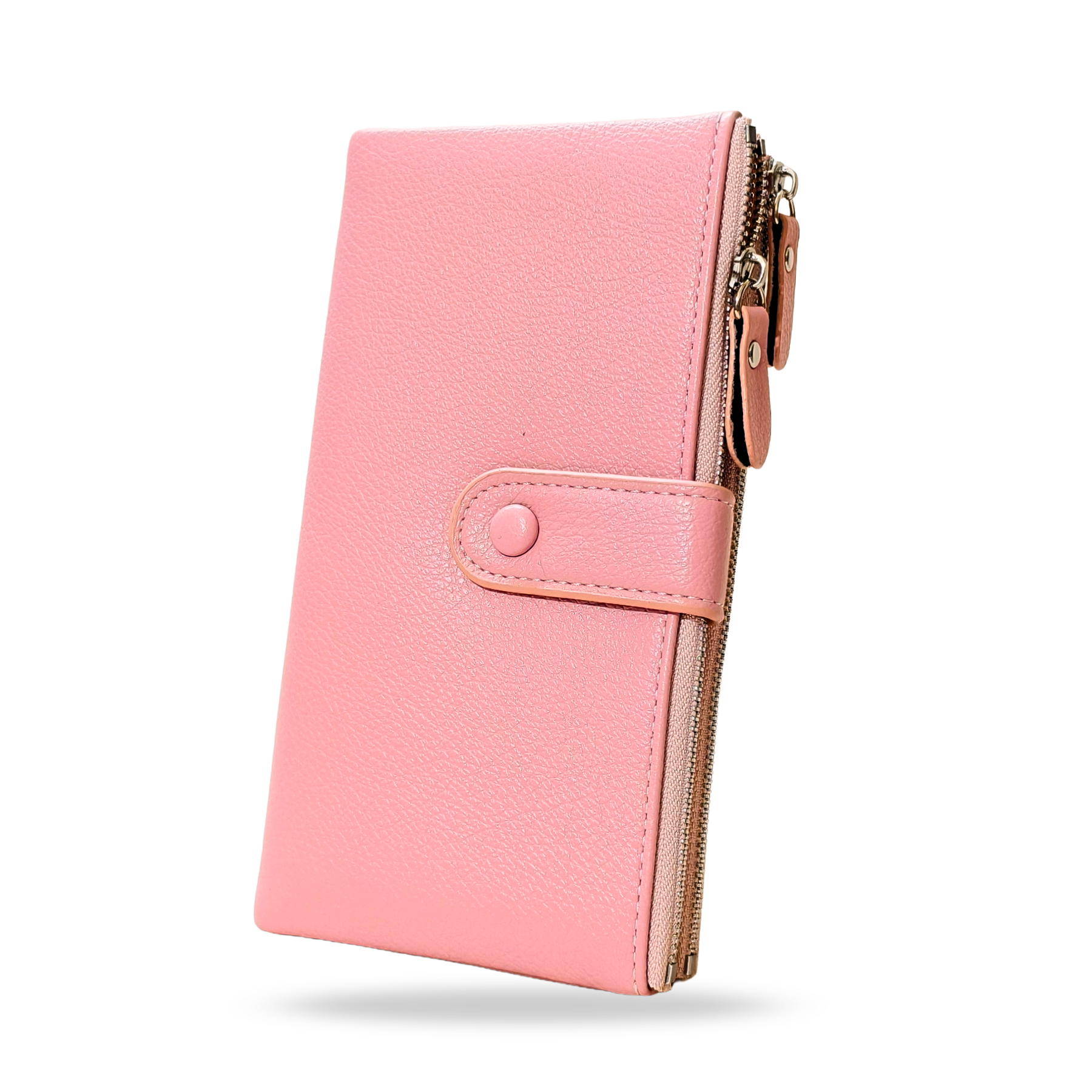 Pink wallet with a zipper on a white background