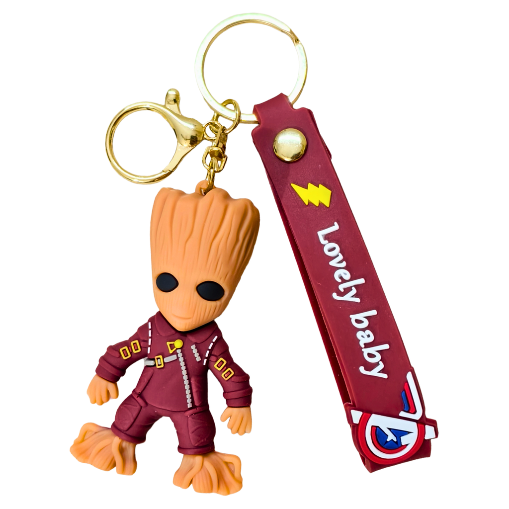 Keychain with a character in a red outfit and 'Lovely baby' tag on a white background