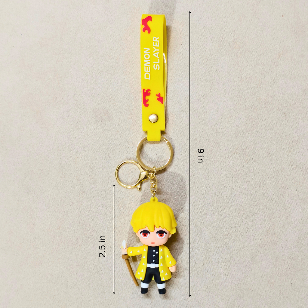 Zenitsu Keyring  With Measurements On  Beige Background.