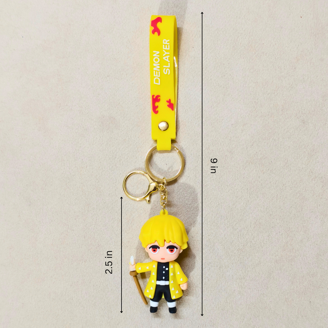 Zenitsu Keyring  With Measurements On  Beige Background.