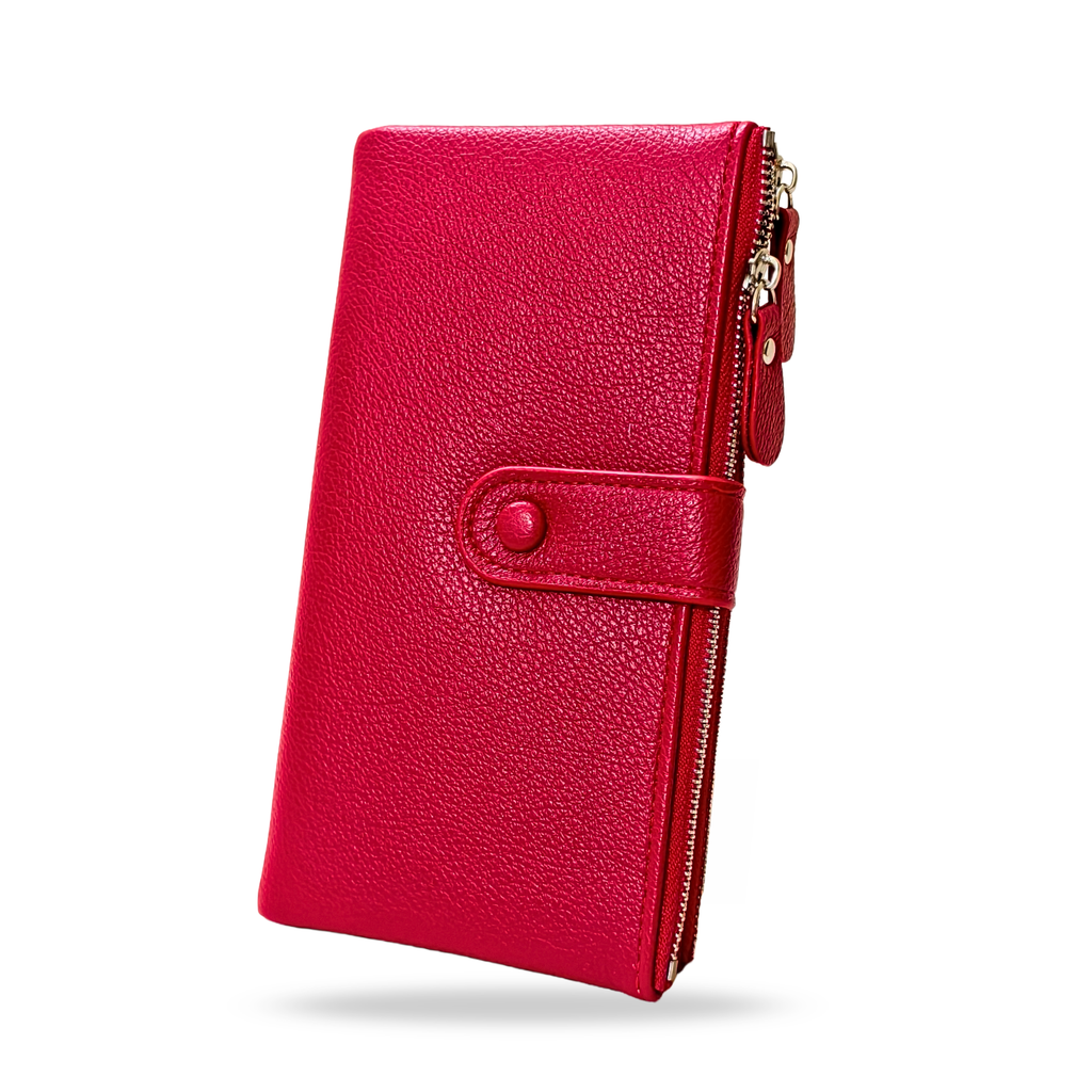 Red leather wallet with a zipper on a white background