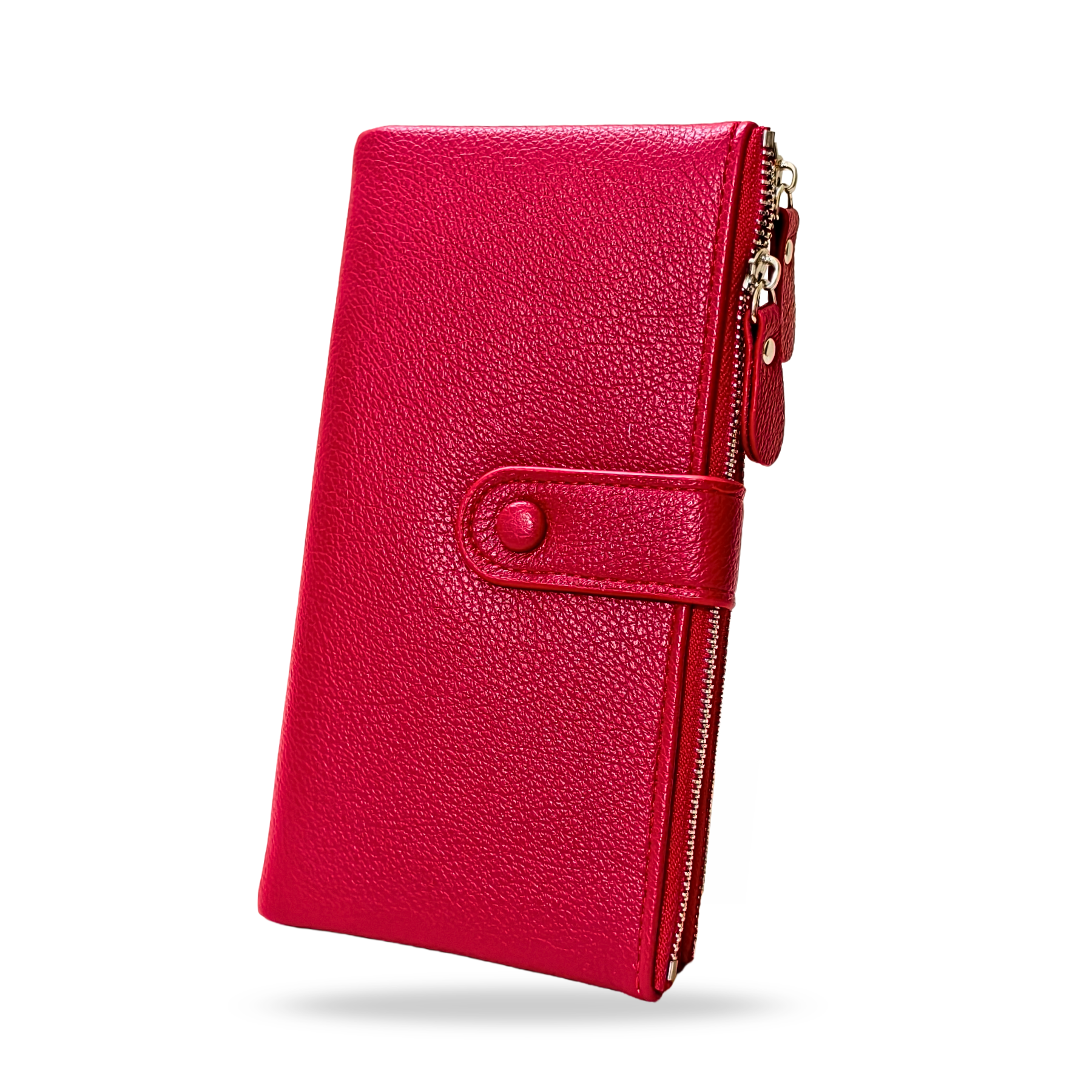 Red leather wallet with a zipper on a white background