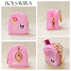Collage of a pink pouch with decorative elements on a beige background, featuring the brand 'BOLSAVIRA'.