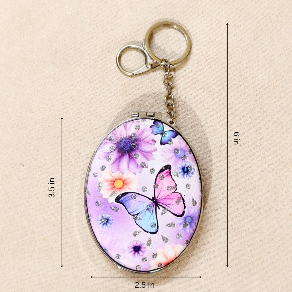 
Oval Butterfly Pocket Mirror  With Measurements On  Beige Background.