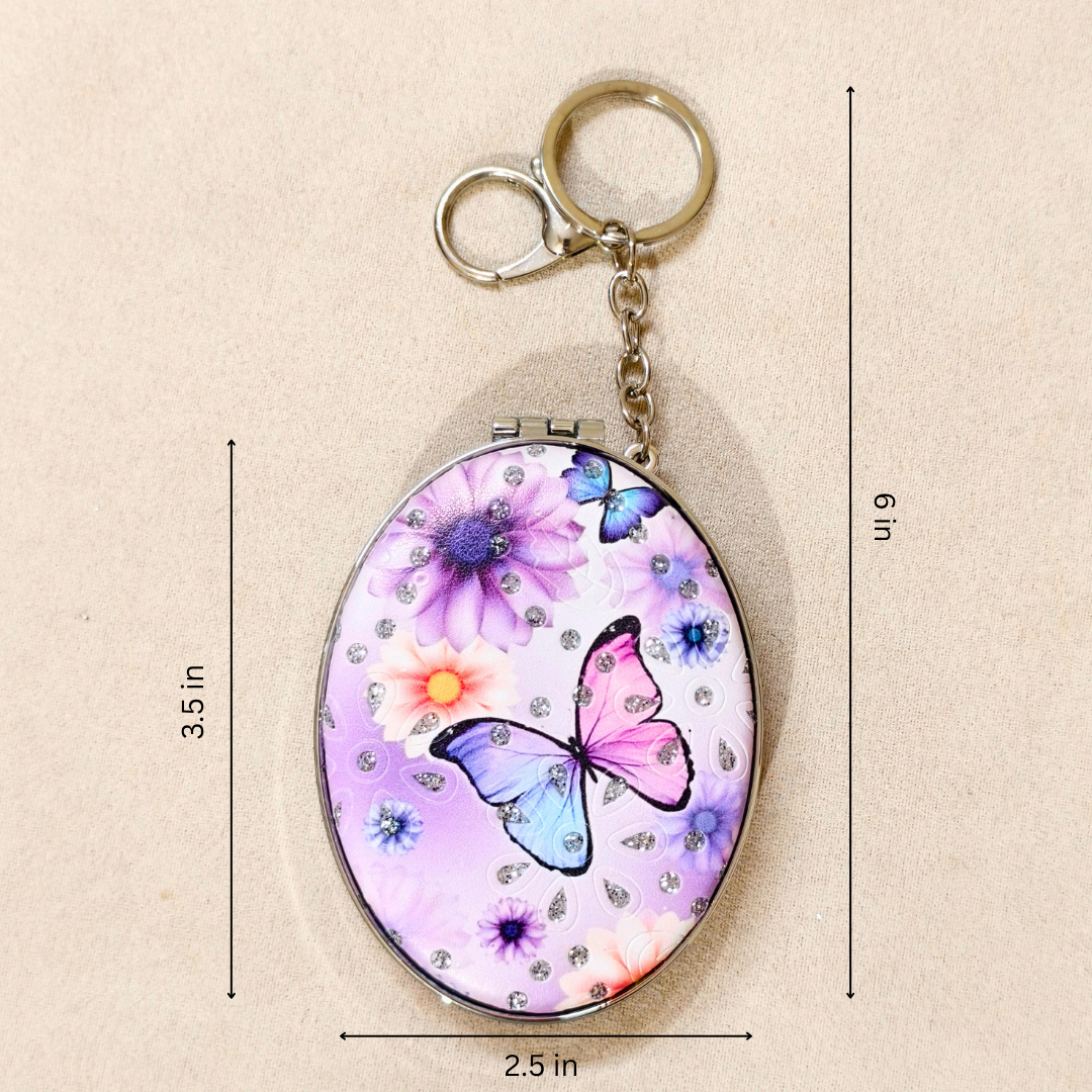 
Oval Butterfly Pocket Mirror  With Measurements On  Beige Background.