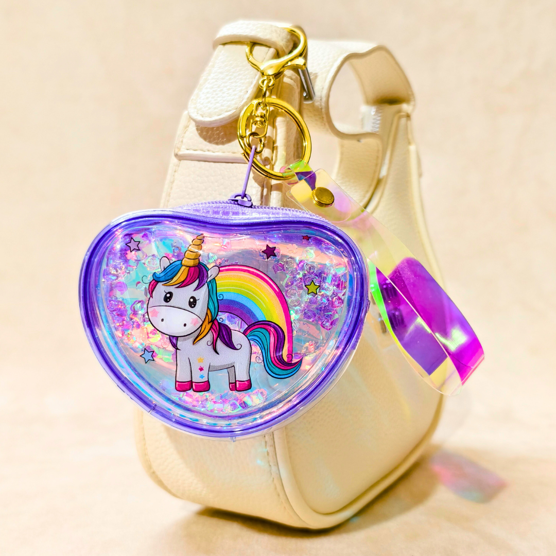 Heart-shaped keychain with a unicorn design on a beige background