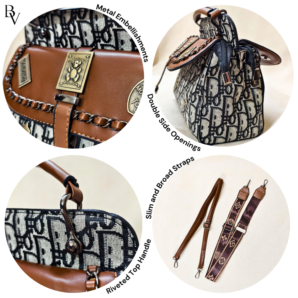 Collage of a handbag with features highlighted, including metal embellishments, double side openings, slim and broad straps, riveted top handle, and decorative pattern.