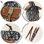 Collage of a handbag with features highlighted, including metal embellishments, double side openings, slim and broad straps, riveted top handle, and decorative pattern.