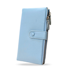 Light blue wallet with a zipper on a white background
