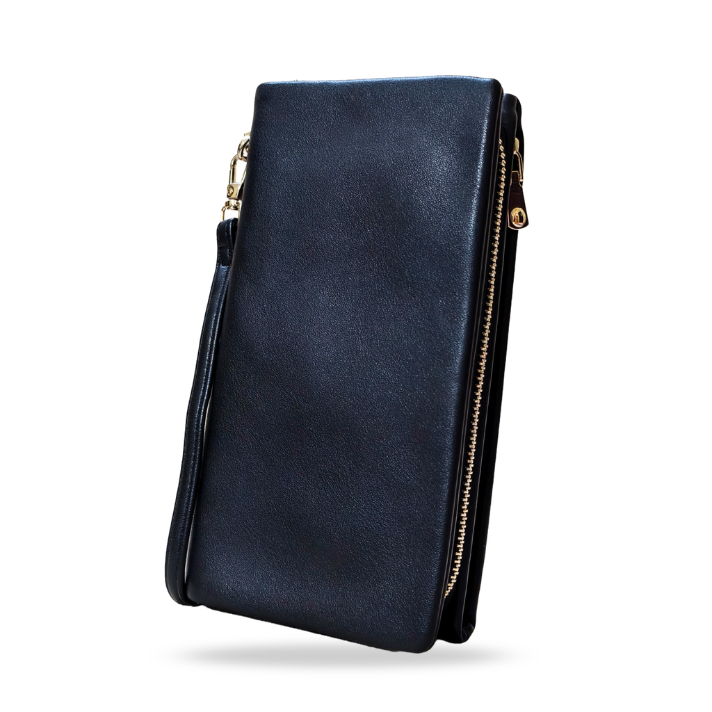 Navy blue leather clutch bag with gold zipper on a white background