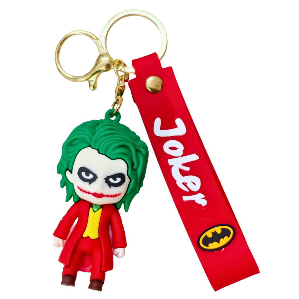Keychain with Joker figure and red strap featuring Batman logo on a white background