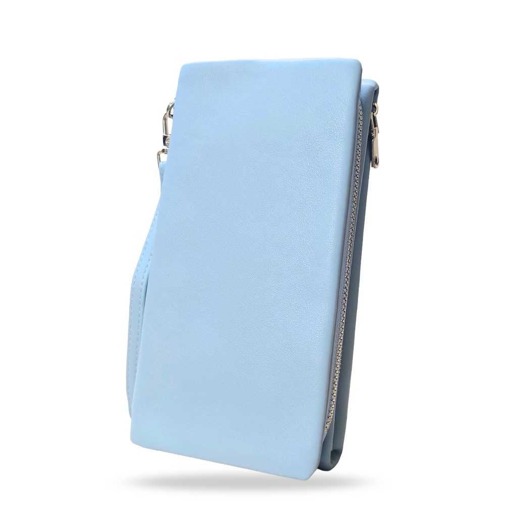 Light blue clutch bag with gold zipper on a white background