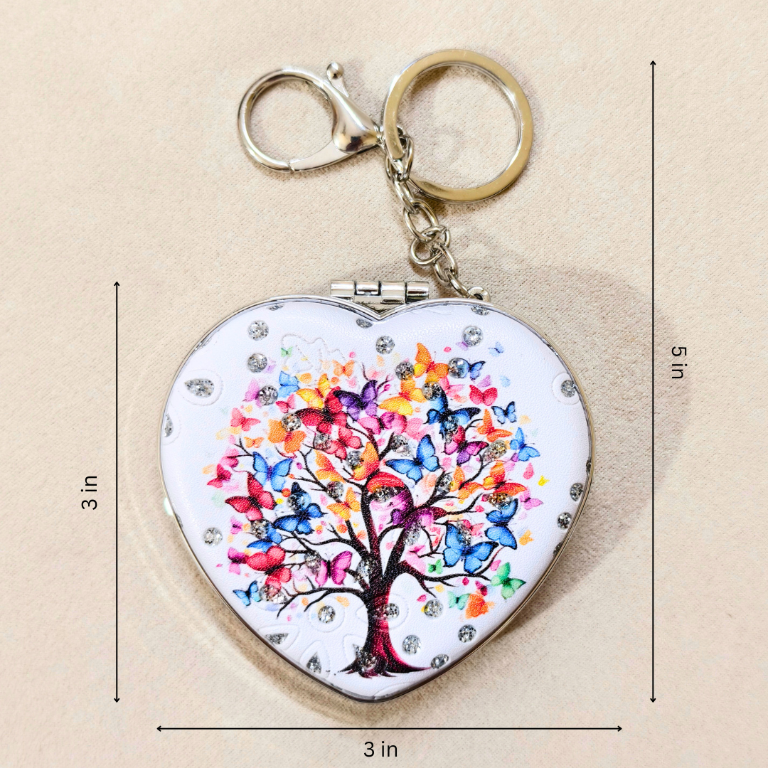 Heart-shaped keychain with a colorful butterfly tree design on a white background, shown with dimension lines indicating 3 in by 5 in measurements.