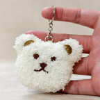 A white fluffy teddy bear face charm with brown ears, nose, and eyes, hanging from a silver-tone ring hand carry,