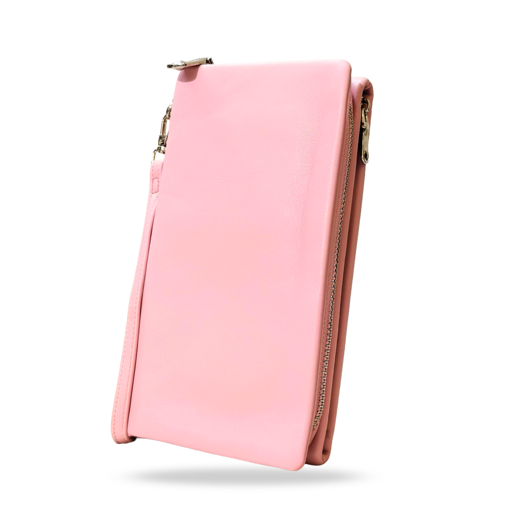 Pink pouch with gold zipper on a white background