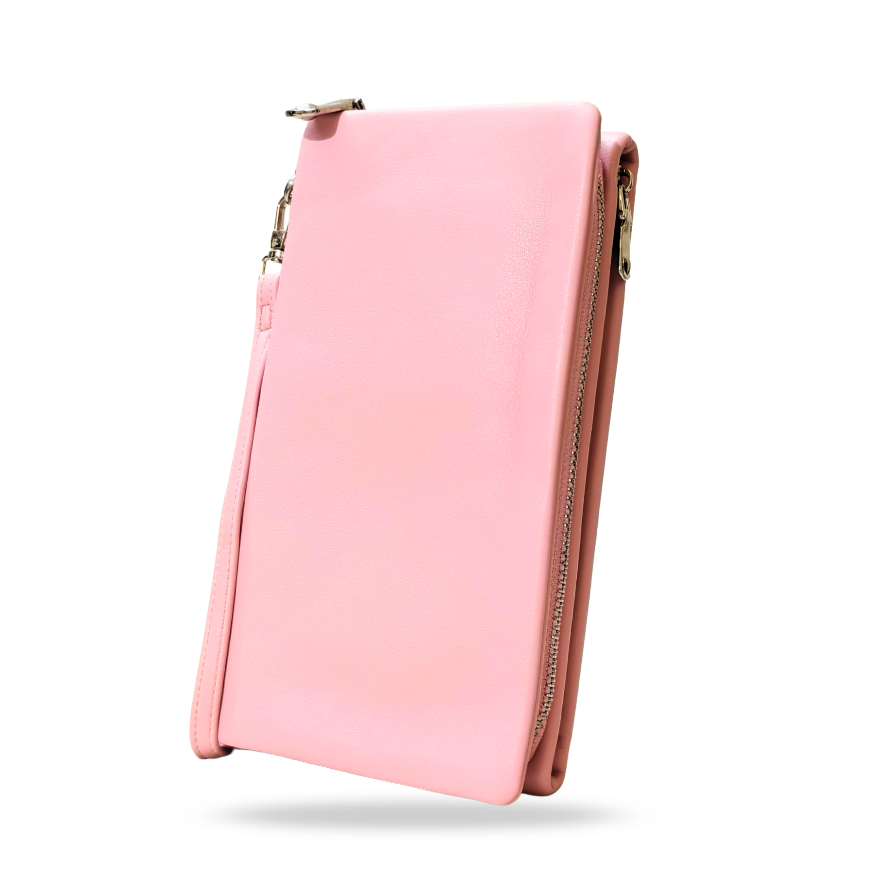Pink pouch with gold zipper on a white background