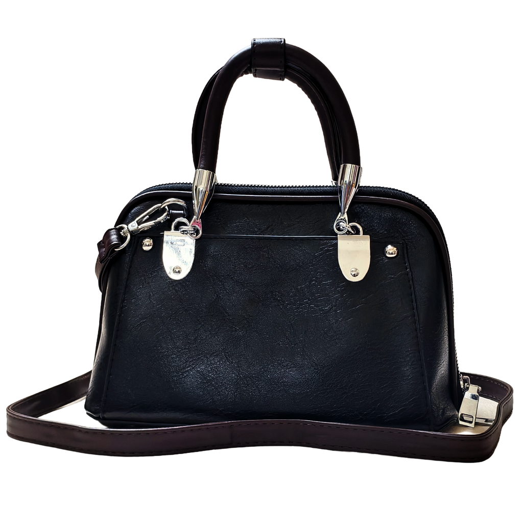 Black handbag with silver hardware on a white background