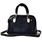 Black handbag with silver hardware on a white background
