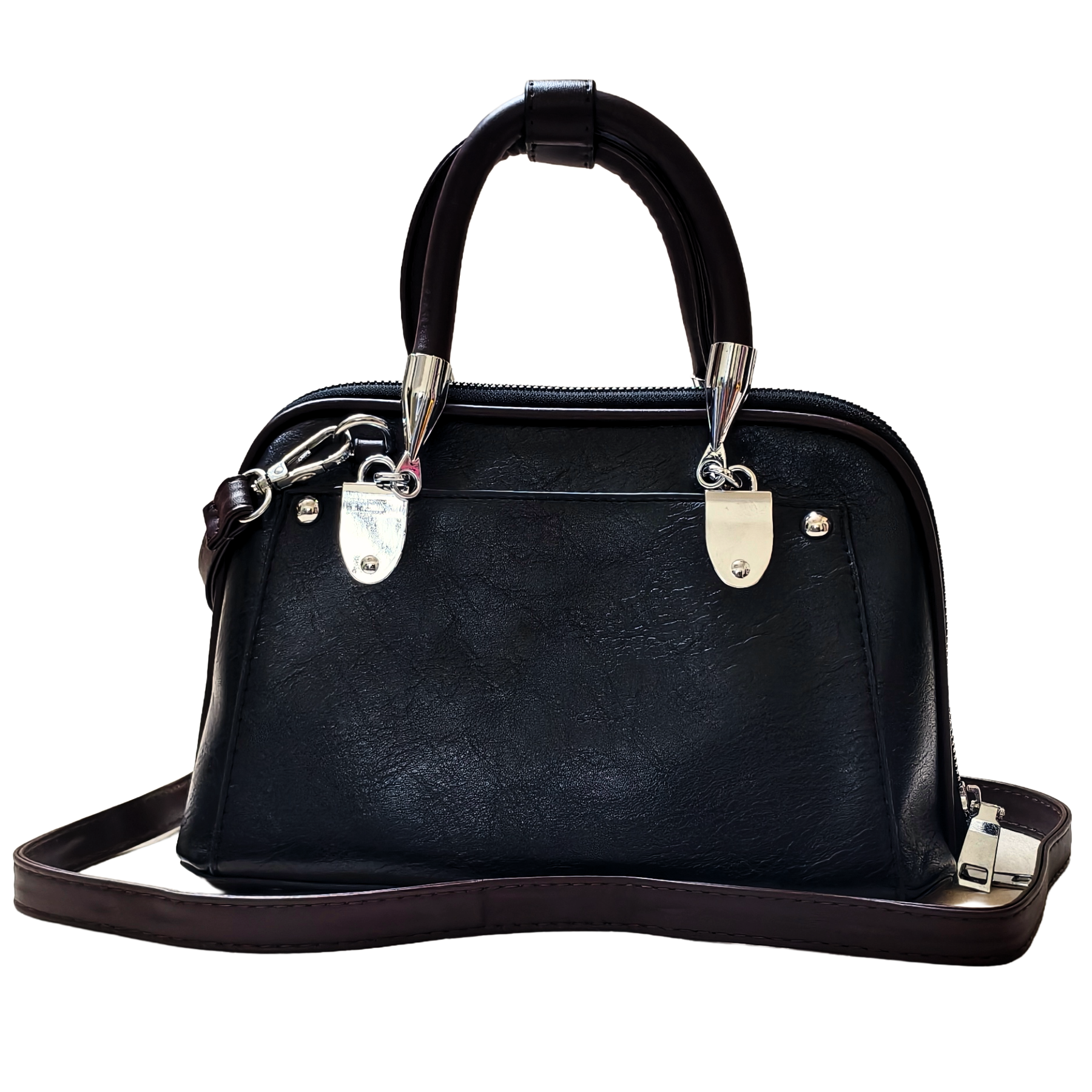 Black handbag with silver hardware on a white background