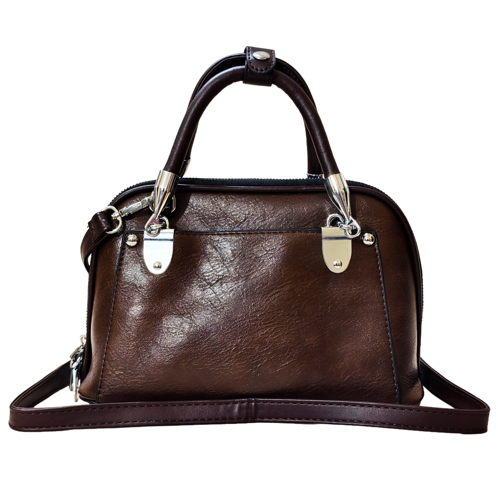 Brown handbag with silver hardware on a white background