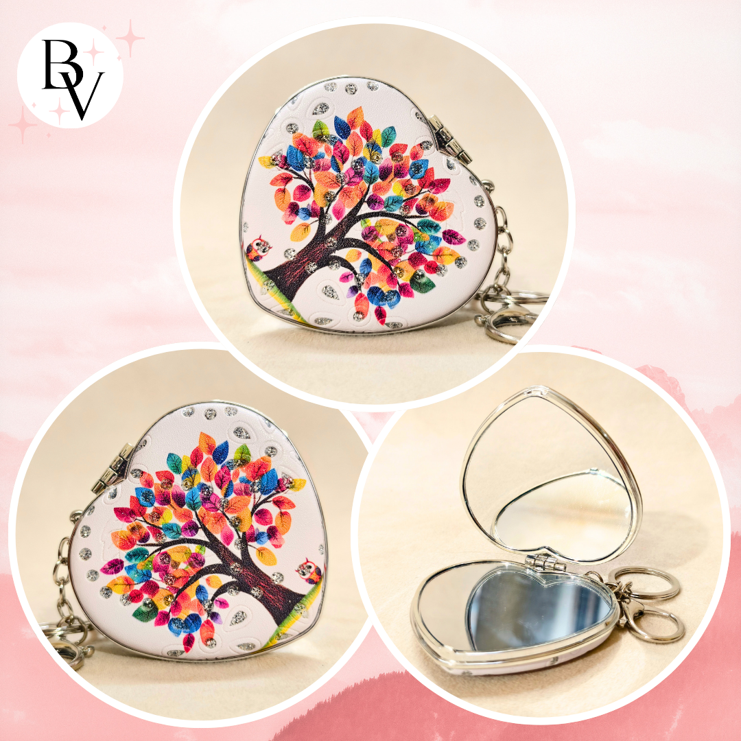 
Heart Tree White Pocket Mirror Showing Different Angles.