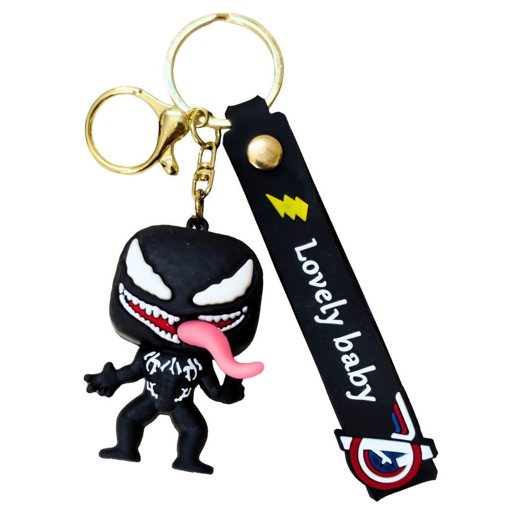 Keychain with Venom figure and 'Lovely baby' strap on a white background
