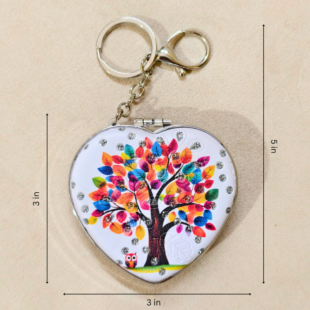 
Heart Tree White Pocket Mirror  With Measurements On  Beige Background.
