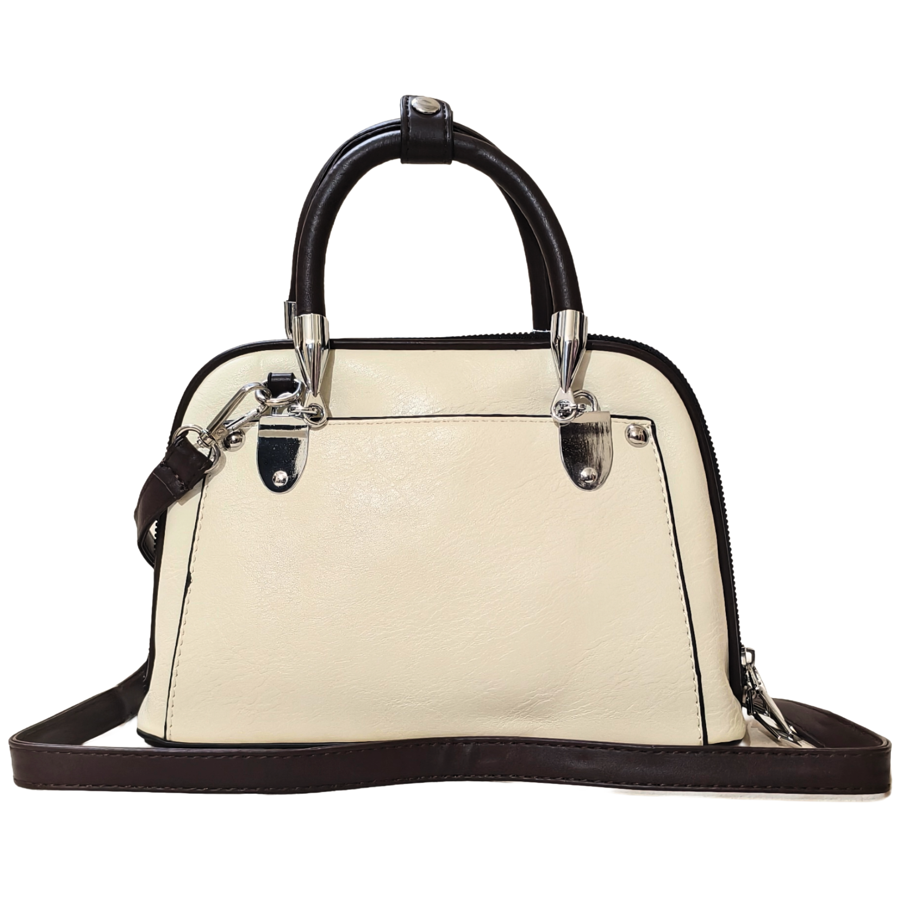 White handbag with black handle and strap on a white background