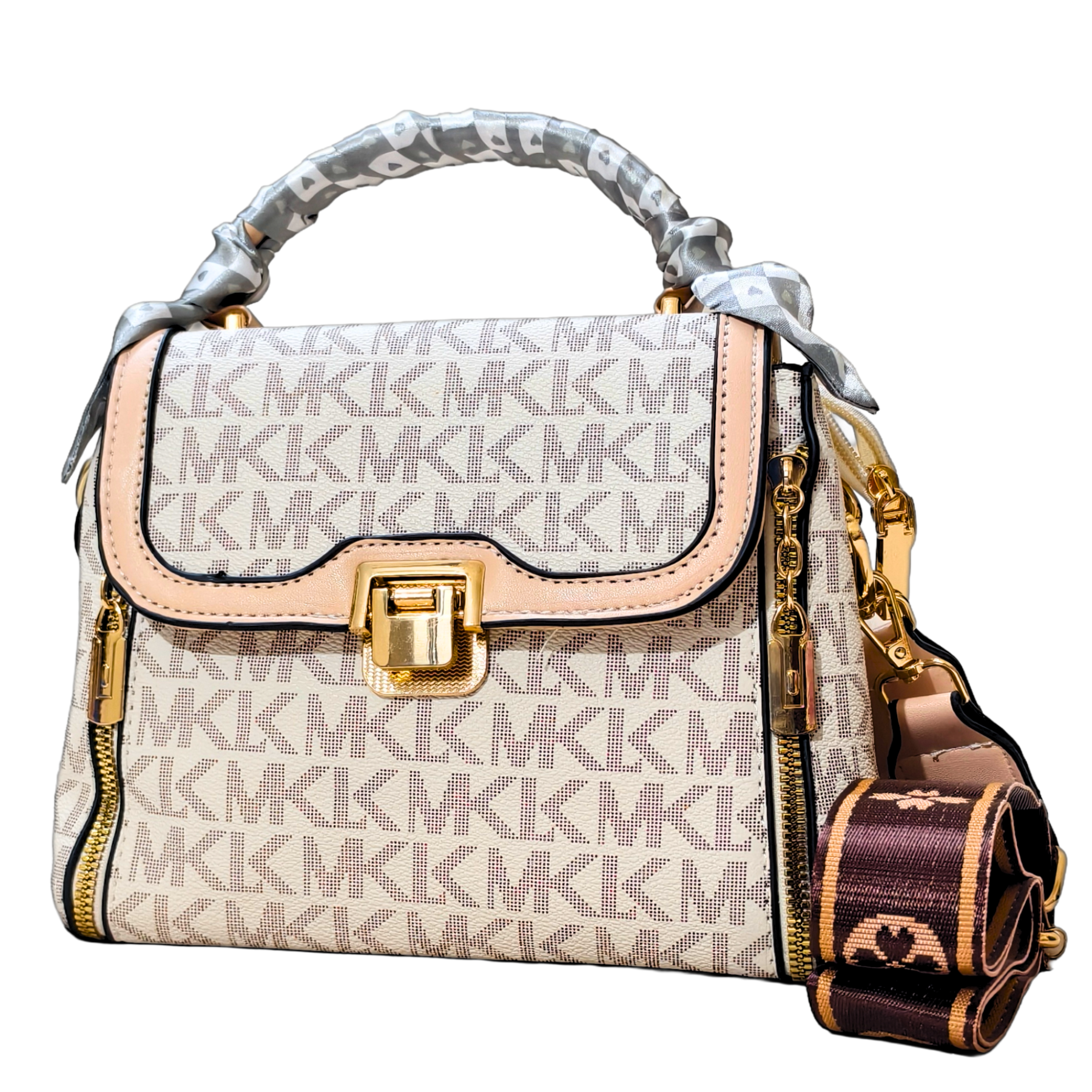 Designer handbag with monogram pattern on a white background