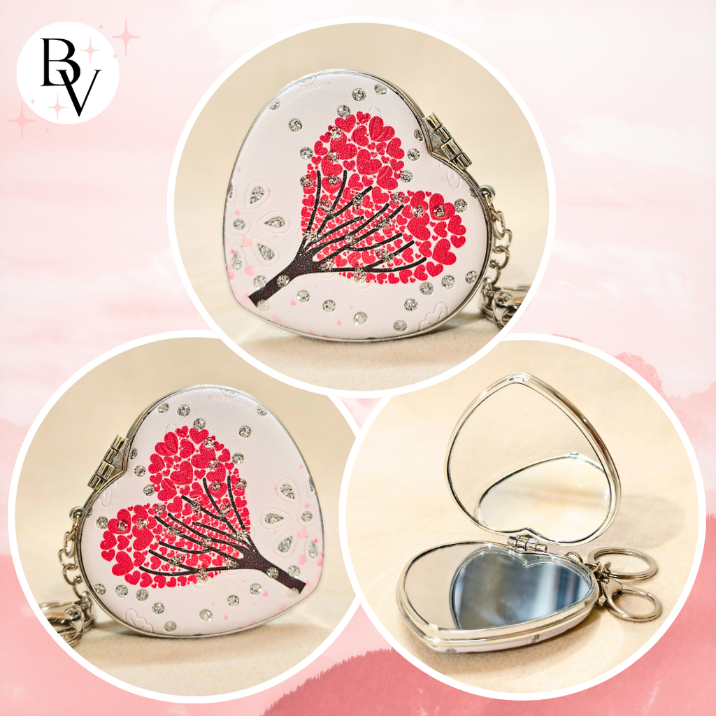 Heart Valentine White Pocket Mirror Showing Different Angles.
