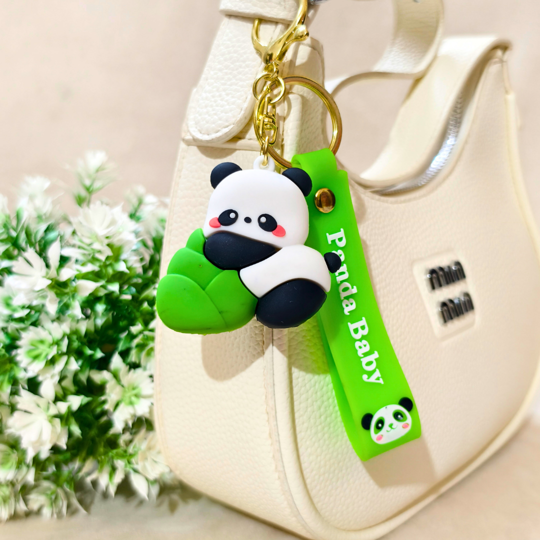 Panda Fruit Character Keyring with Detachable Silicone Wrist Strap, 3D Charm, Metal Ring, Lobster Clasp, Demonslayer and Marvel Theme Bag Charms for Kids Teens Adults