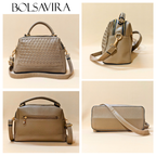 Collage of four handbags by Bolsavira on a beige background