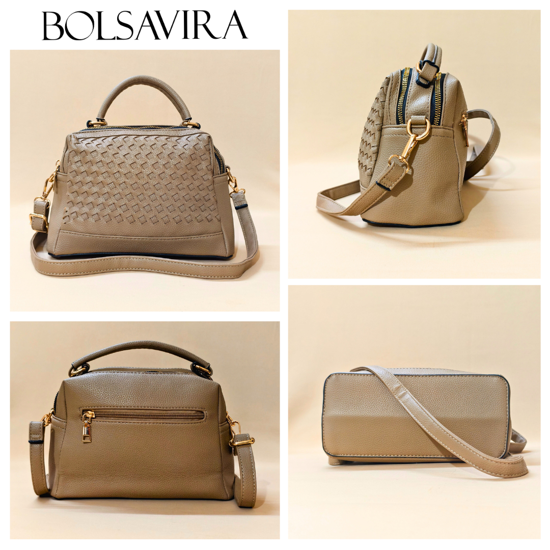 Collage of four handbags by Bolsavira on a beige background