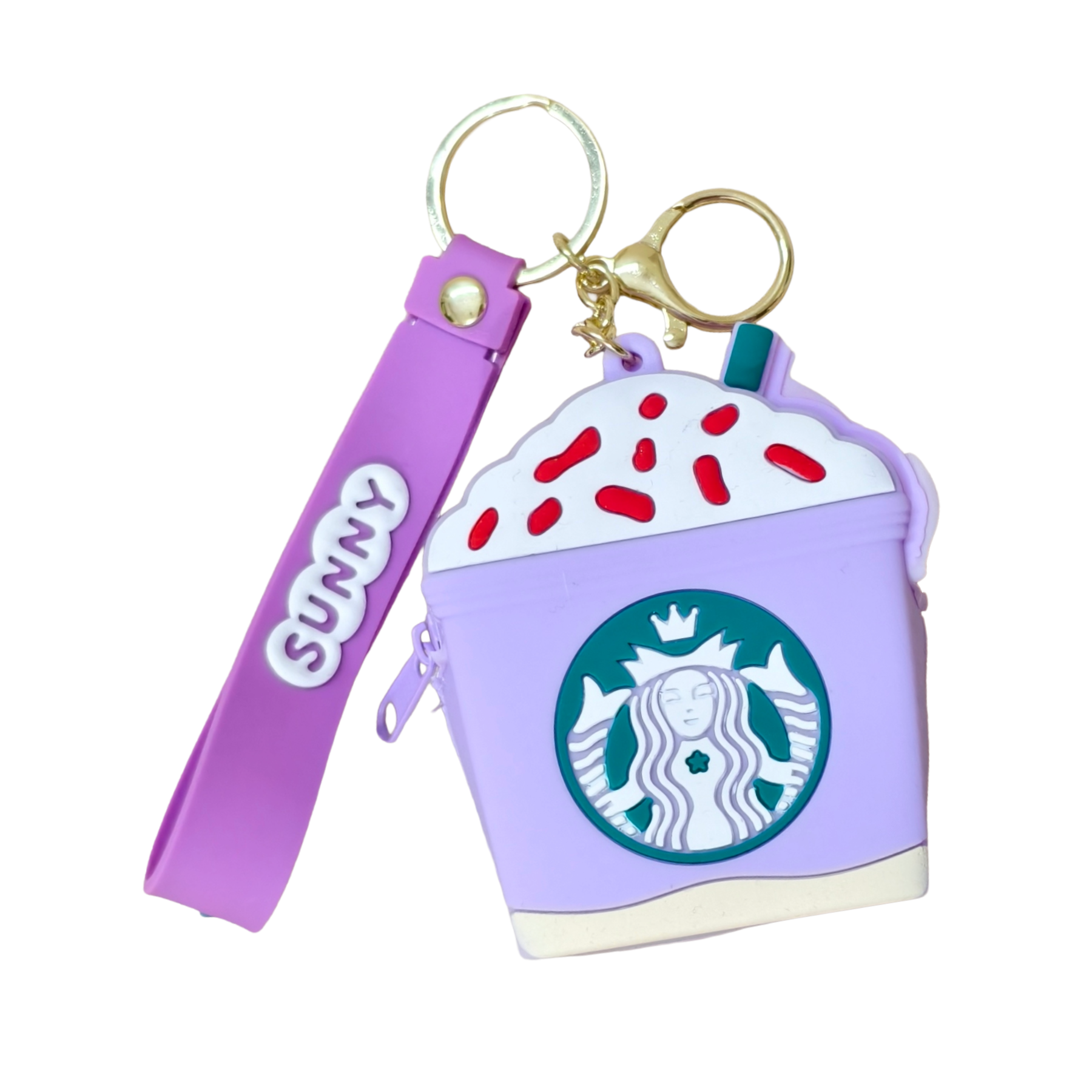 Starbucks-themed keychain with a purple cup design on a white background