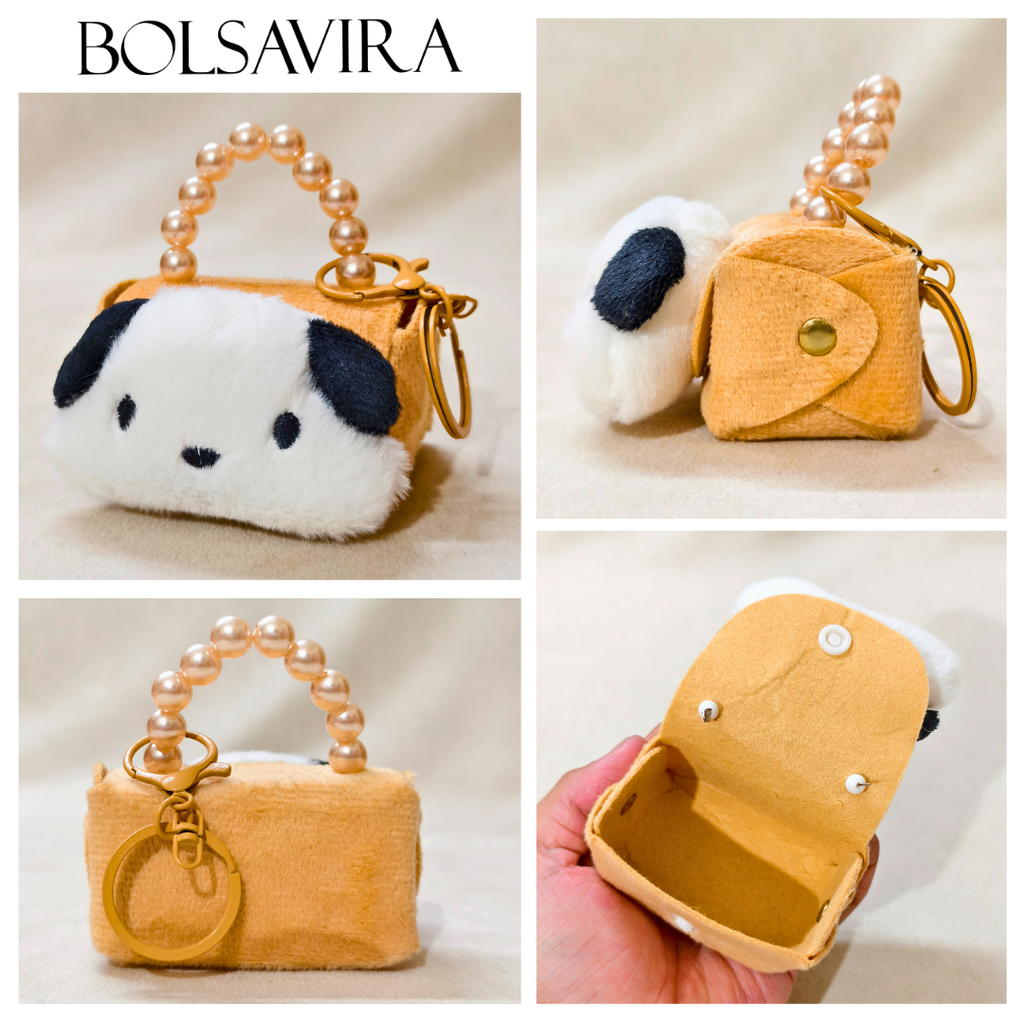 Collage of a small dog-shaped pouch with a pearl handle, featuring the brand 'BOLSAVIRA'.