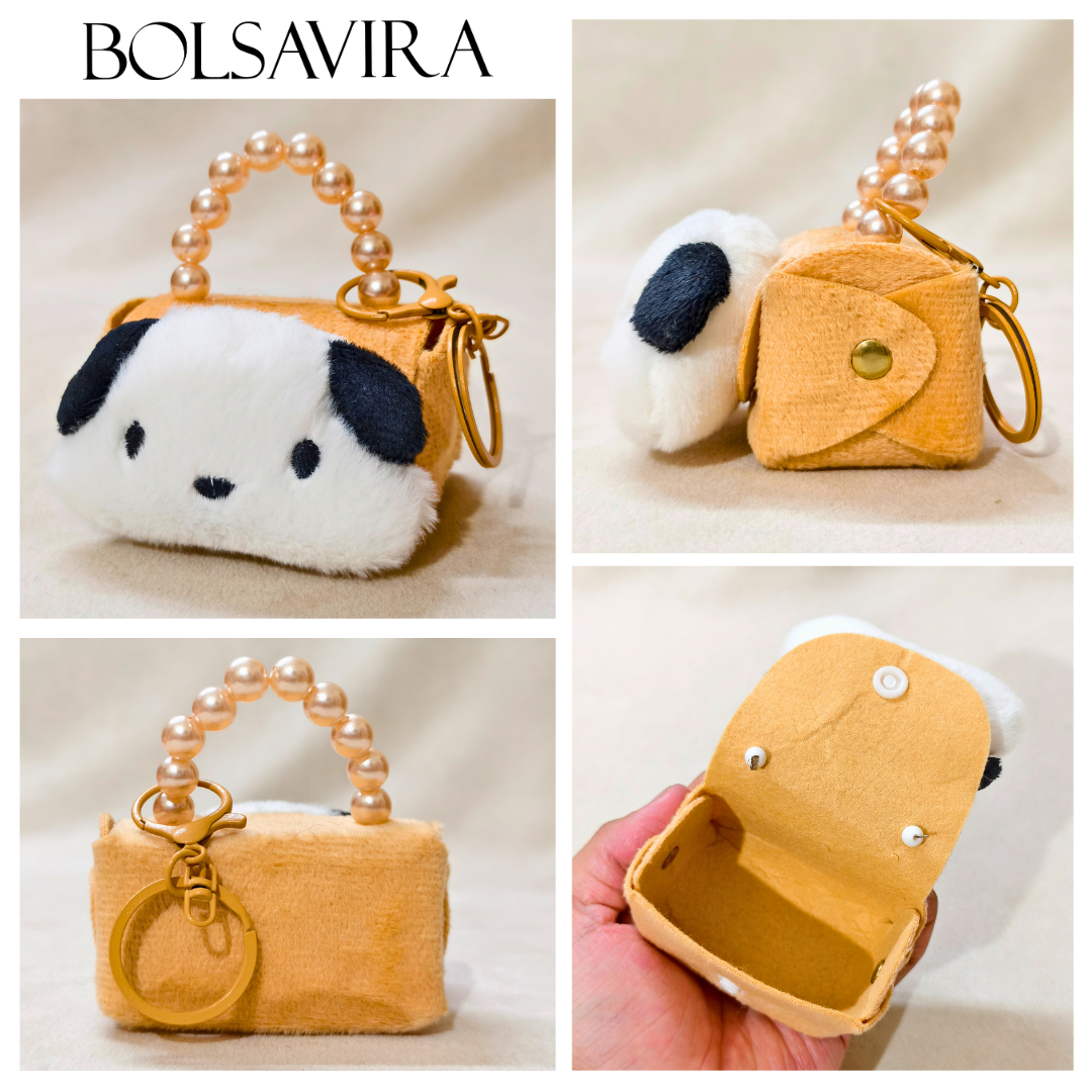 Collage of a small dog-shaped pouch with a pearl handle, featuring the brand 'BOLSAVIRA'.