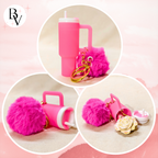 A pink travel tumbler keychain set with a fluffy pom-pom, gold key ring, and small accessory pieces, shown in three circular close-up views on a soft pink background.