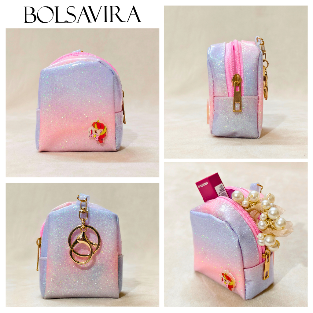 Collage of a small, gradient-colored pouch with various items on a beige background, featuring the brand 'BOLSAVIRA'.