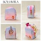 Collage of a small, gradient-colored pouch with various items on a beige background, featuring the brand 'BOLSAVIRA'.